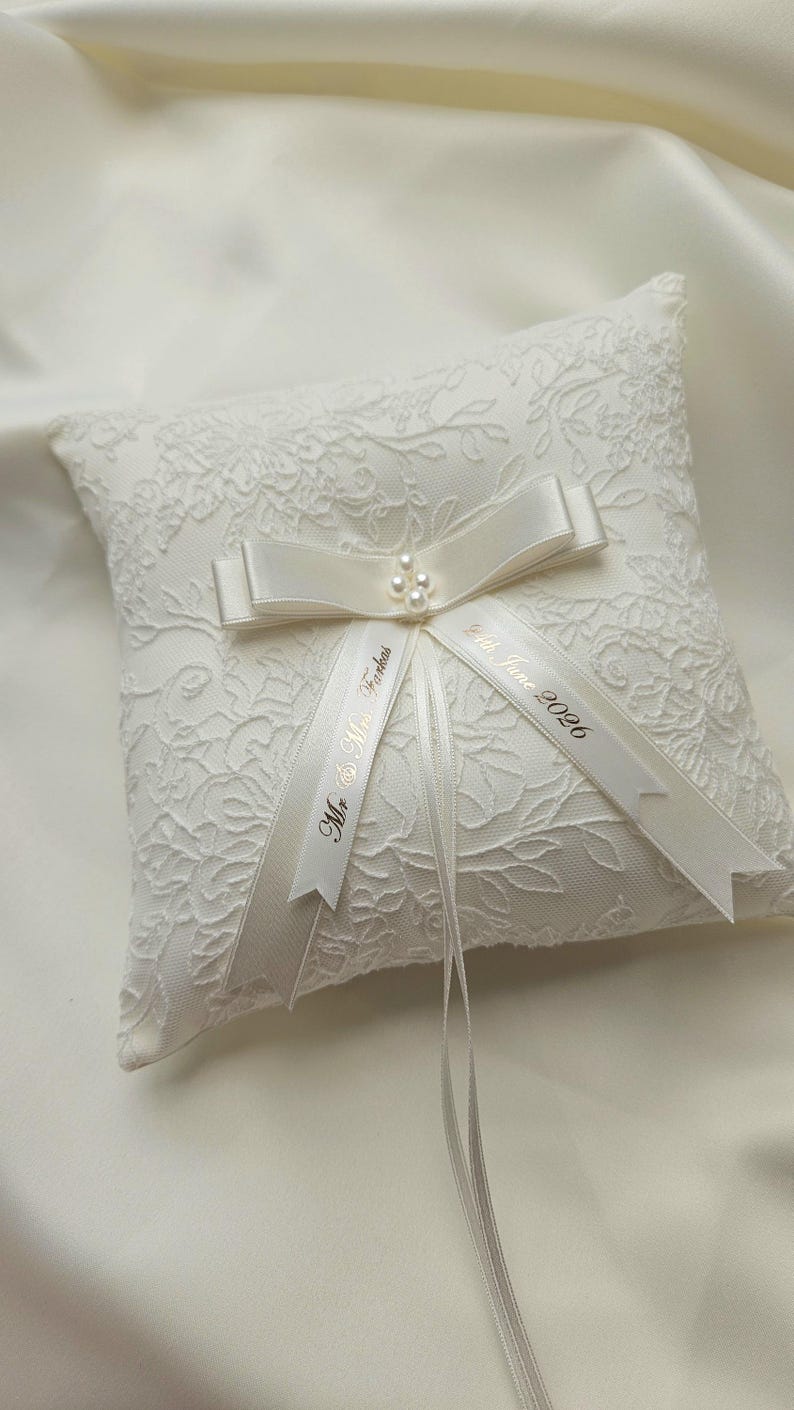 Personalised ivory wedding ring pillow, luxury pillow with pearl centre and satin ribbons with name and date image 7