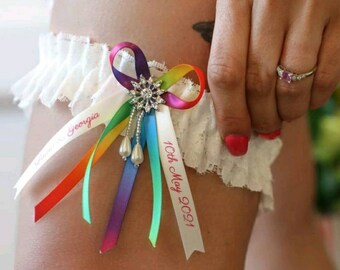 Rainbow multicoloured garter with personalised ribbons, slim bridal garter with name and date, personalised wedding keepsake