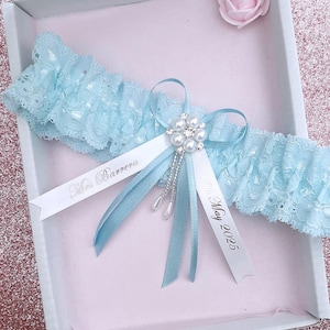 Jarretière de mariage bleue personnalisée avec ornements de perles dans une boîte cadeau, cadeau pour la mariée BLEU CLAIR