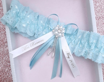 Personalised blue wedding garter with pearl embellishment in gift box, gift for the bride LIGHT BLUE