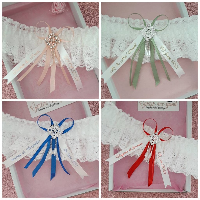 Luxury rhinestone wedding garter, personalised bridal garter with name and date, personalised ribbon choose your colour image 10