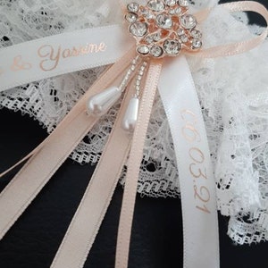 Luxury rhinestone wedding garter, personalised bridal garter with name and date, personalised ribbon choose your colour Nude (font 1.)