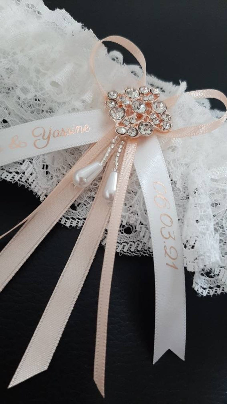 Luxury rhinestone wedding garter, personalised bridal garter with name and date, personalised ribbon choose your colour Nude (font 1.)