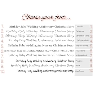 May include: A font selection chart titled Choose your font... featuring ten numbered rows of text displaying the words Birthday Baby Wedding Anniversary Christmas Sorry in various typefaces including Crimson, Parisienne, Edwardian Script, Life Savers Bold, Playfair Display, Trajan Sans, Mr Eaves Book, Verveine, Blithe, and Coniferous.