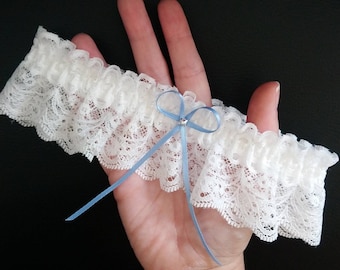 Ivory wedding garter, luxury nottingham lace bridal garter with blue bow, keepsake wedding gift for the bride