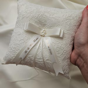 Personalised ivory wedding ring pillow, luxury pillow with pearl centre and satin ribbons with name and date image 6