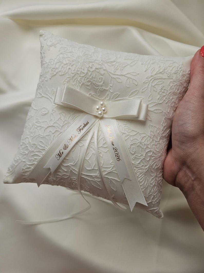 Personalised ivory wedding ring pillow, luxury pillow with pearl centre and satin ribbons with name and date image 6