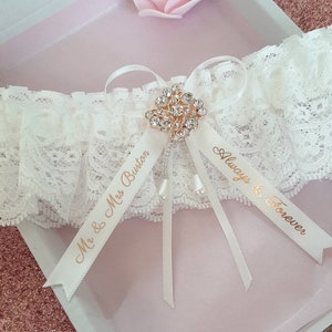 Luxury wedding garter rose gold, personalised bridal garter with name and date, personalised ribbon keepsake gift for the bride