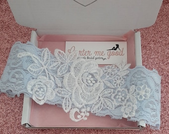Pale powder blue wedding garter, ivory floral lace bridal garter, something blue keepsake
