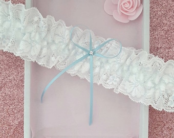 Light blue ivory garter, something blue gathered wedding garter, keepsake gift for the bride to be, hen party gift