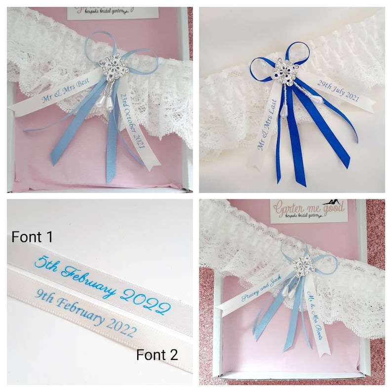 Luxury rhinestone wedding garter, personalised bridal garter with name and date, personalised ribbon choose your colour image 3