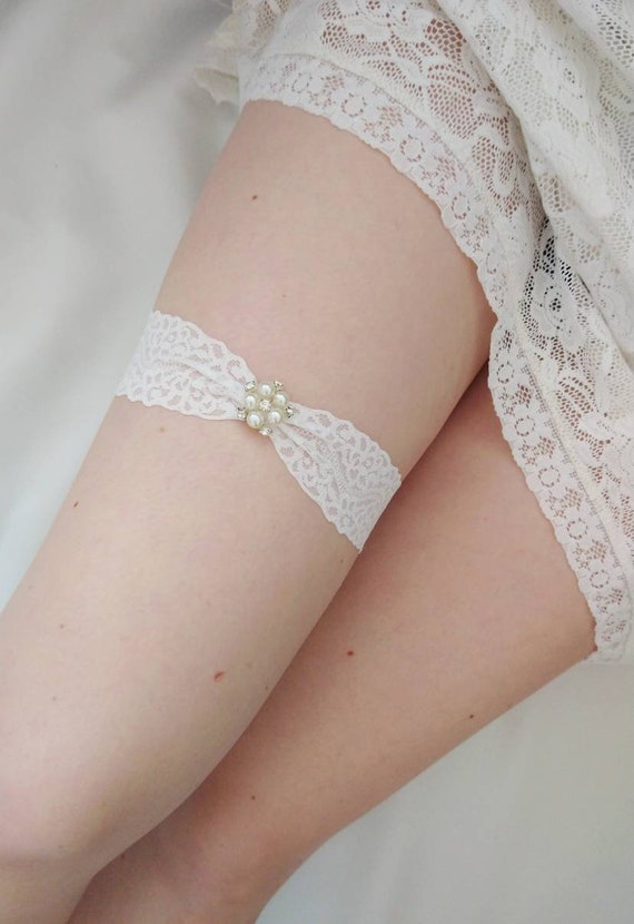Gorgeous Pearl Rhinestone Garter Ivory Wedding Garter Set Stretch Lace Garter 