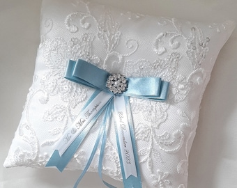 Personalised BLUE wedding ring pillow, customise ribbons with name and date, luxury keepsake gift ring bearer cushion, silver text