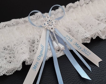 Wedding garter gift for bride, personalised bridal garter with name and date, something blue ribbons - customise writing.