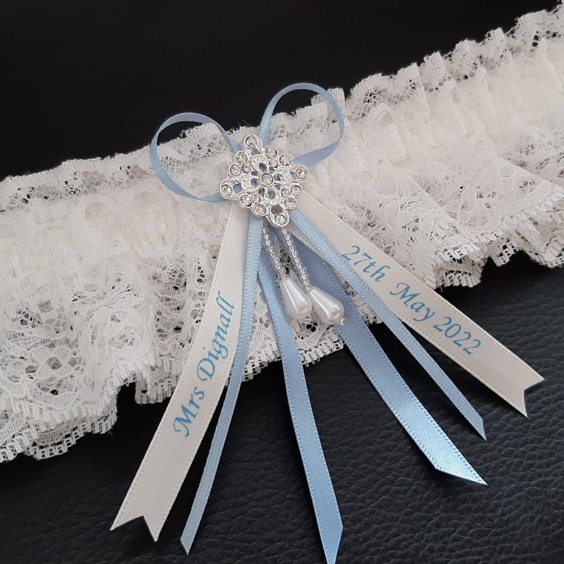 Luxury rhinestone wedding garter, personalised bridal garter with name and date, personalised ribbon choose your colour Light blue (font 2)