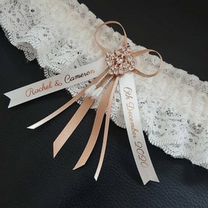 Luxury rhinestone wedding garter, personalised bridal garter with name and date, personalised ribbon choose your colour rose gold (font 1.)