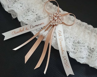 Luxury Personalised Rhinestone Wedding Garter, Ivory Lace Bridal Keepsake Gift Boxed, choose your colour