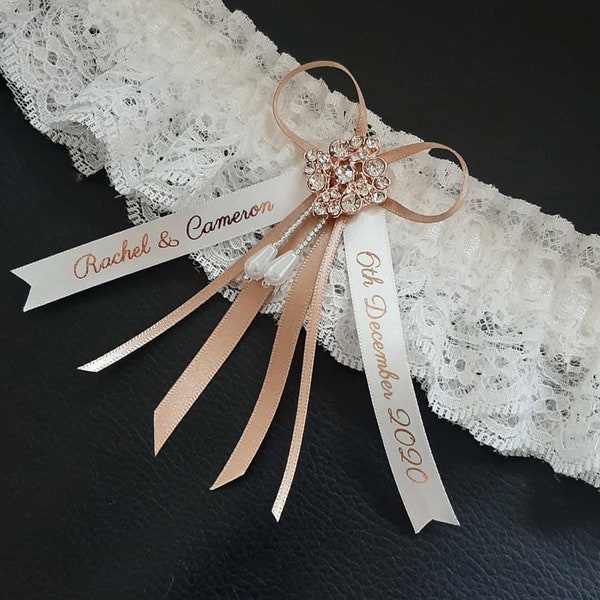 Luxury rhinestone wedding garter, personalised bridal garter with name and date, personalised ribbon - choose your colour