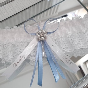 Luxury personalised wedding garter with pearl centre, bridal garter with name and date, personalised ribbon choose your colour 2. Parisienne