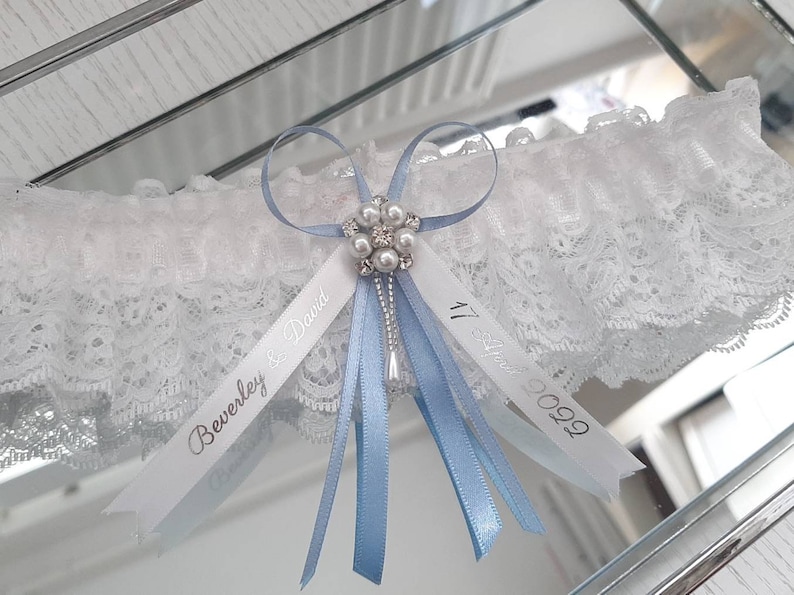 Luxury personalised wedding garter with pearl centre, bridal garter with name and date, personalised ribbon choose your colour 2. Parisienne