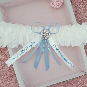 Wedding garter with personalised ribbons, rhinestone and pearl slim bridal garter with name and date, personalised keepsake, hen party gift