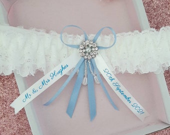 Wedding garter with personalised ribbons, rhinestone and pearl slim bridal garter with name and date, personalised keepsake, hen party gift