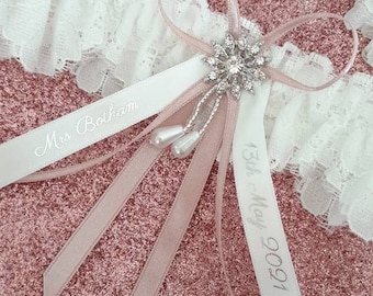 Luxury rhinestone garter with personalised ribbons, slim bridal garter with name and date, personalised wedding keepsake