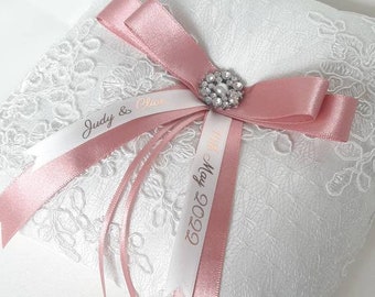 Personalised wedding ring pillow, Choice of text and colour. Customise ribbons with name and date, luxury keepsake gift