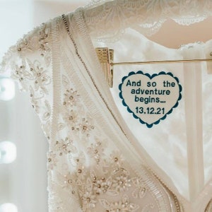 Personalised heart label, satin wedding dress patch for bride, sew on patch keepsake, choice of colour and text