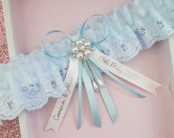 Personalised blue wedding garter with pearl embellishment in gift box, gift for the bride LIGHT BLUE