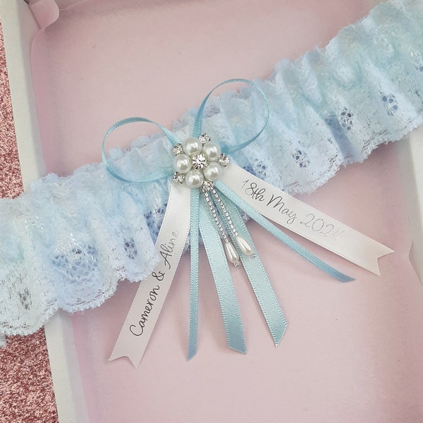 Personalised blue wedding garter with pearl embellishment in gift box, gift for the bride LIGHT BLUE