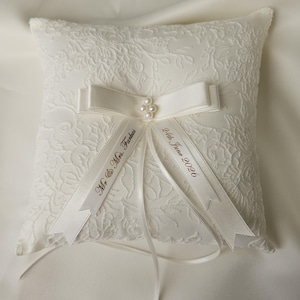 Personalised ivory wedding ring pillow, luxury pillow with pearl centre and satin ribbons with name and date image 8