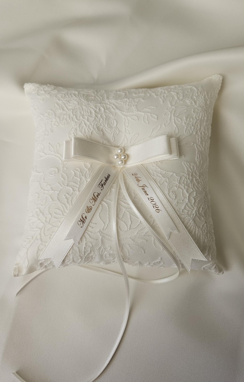 Personalised ivory wedding ring pillow, luxury pillow with pearl centre and satin ribbons with name and date image 8