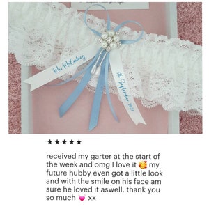 Luxury personalised wedding garter with pearl centre, bridal garter with name and date, personalised ribbon choose your colour image 5
