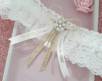 GOLD personalised wedding garter with pearl centre, gold shimmer bridal garter with name and date, garter with gift box