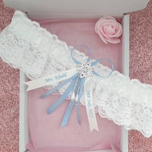 Luxury blue wedding garter, personalised bridal garter with name and date, something blue ribbons - customise writing.
