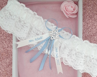 Luxury blue wedding garter, personalised bridal garter with name and date, something blue ribbons - customise writing.