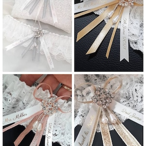 Luxury rhinestone wedding garter, personalised bridal garter with name and date, personalised ribbon choose your colour image 7