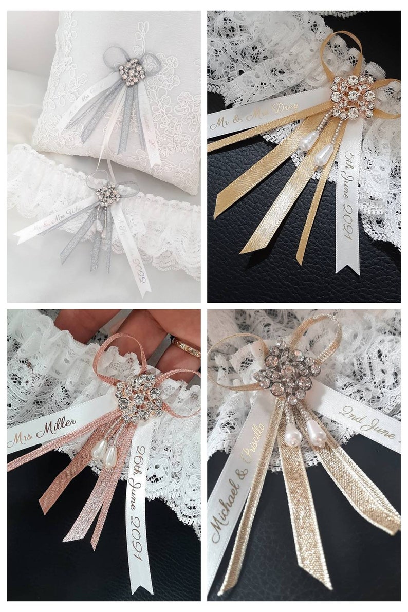 Luxury rhinestone wedding garter, personalised bridal garter with name and date, personalised ribbon choose your colour image 7