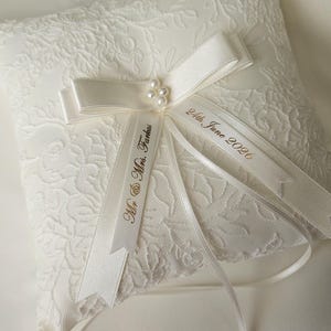 Personalised ivory wedding ring pillow, luxury pillow with pearl centre and satin ribbons with name and date image 4