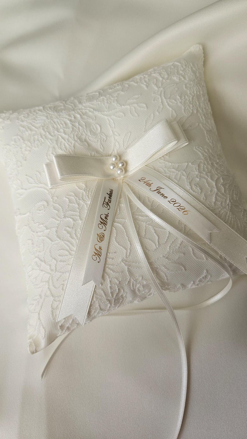 Personalised ivory wedding ring pillow, luxury pillow with pearl centre and satin ribbons with name and date image 4