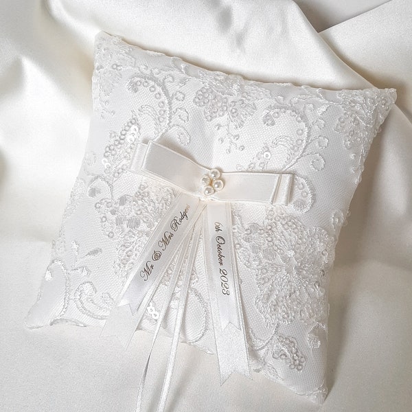 Personalised wedding ring pillow, ivory ring bearer pillow with pearl centre and satin ribbons with name and date, luxury keepsake gift