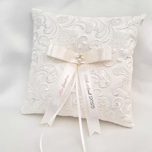 Personalised wedding ring pillow, ivory ring bearer pillow with pearl centre and satin ribbons with name and date, luxury keepsake gift