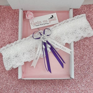 Luxury rhinestone wedding garter, personalised bridal garter with name and date, personalised ribbon choose your colour Purple (font 2)