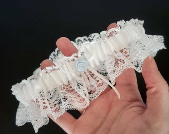 Ivory lace bridal garter, something blue traditional wedding garter, lace and satin gathered keepsake garter, bride to be