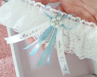 Wedding garter personalised with choice of text and ribbon colour, keepsake gift for the bride to be, with gift box