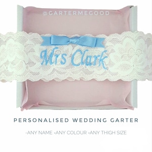 Personalised wedding garter, embroidered name gift, stretch lace bridal garter -choice of colour