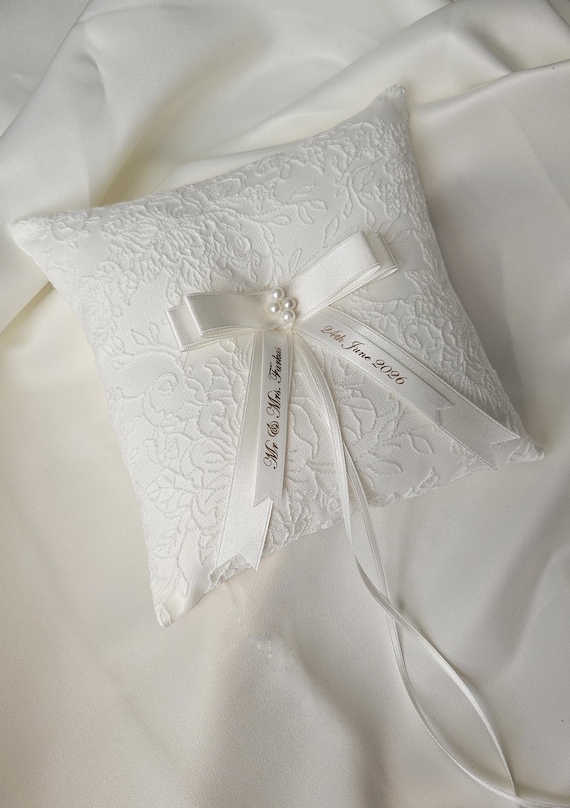 Personalised ivory wedding ring pillow, luxury pillow with pearl centre and satin ribbons with name and date