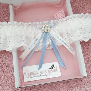 Luxury personalised wedding garter with pearl centre, bridal garter with name and date, personalised ribbon choose your colour image 1