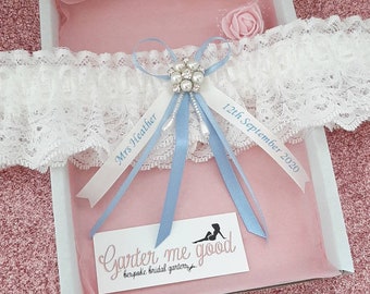 Luxury personalised wedding garter with pearl centre, bridal garter with name and date, personalised ribbon - choose your colour